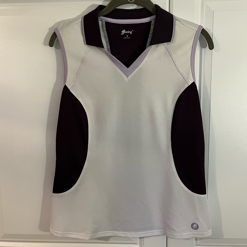 Swing Tennis White and Purple Collared Tank- Medium